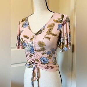 Pink Floral Ruched Top with lose sleeves and fitted torso